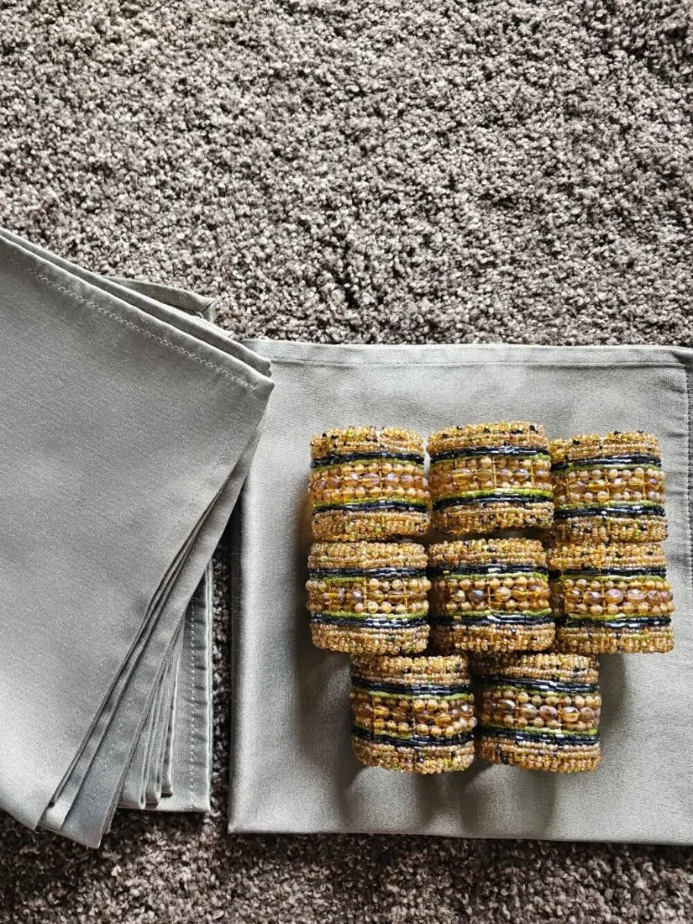 Set of #8 Sateen Napkins, Sage Green + Set of #8 Beaded Napkin Rings
